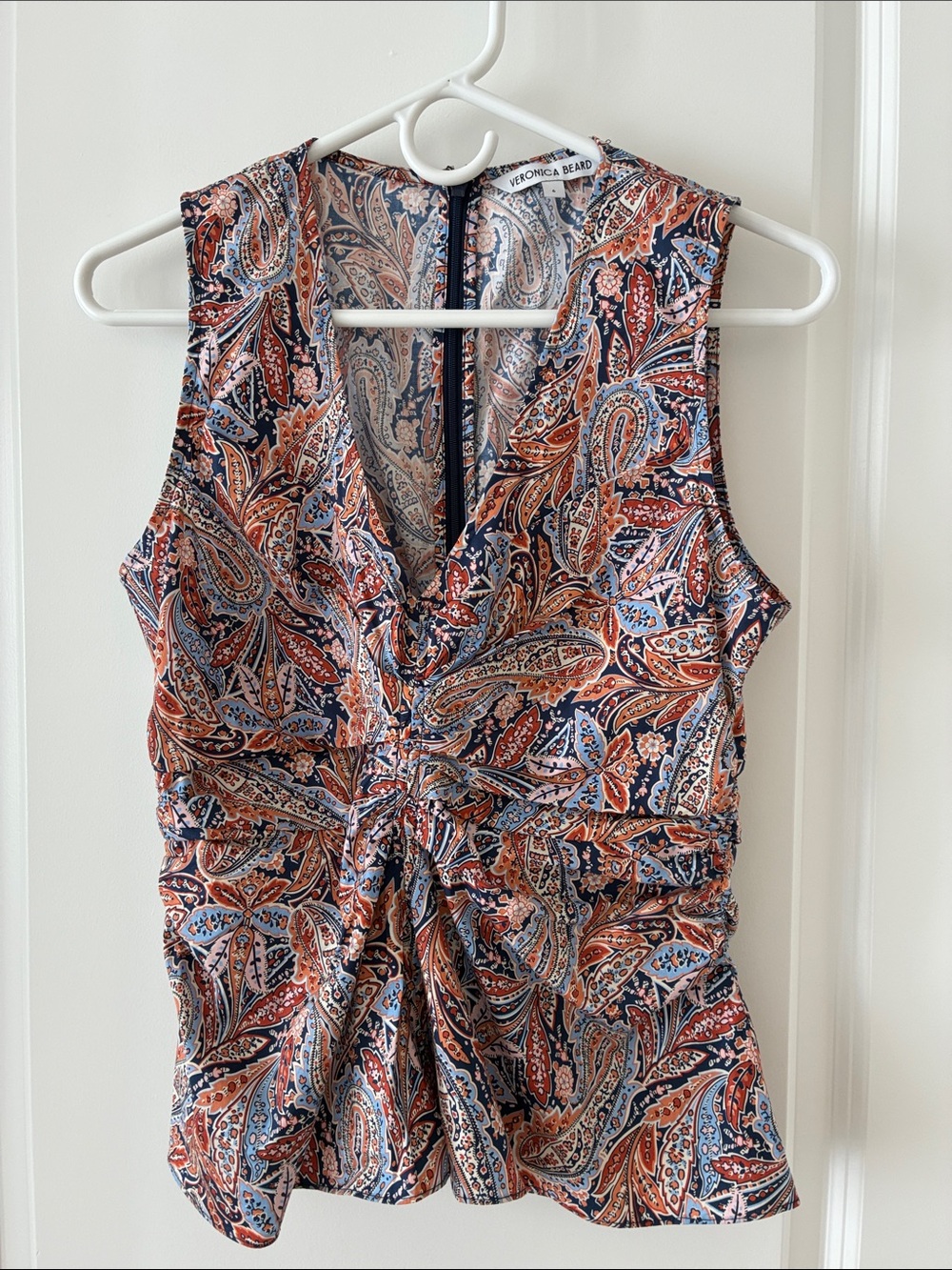 Veronica Beard Navy, Rust & Light Blue Paisley Twist-Front Camisole